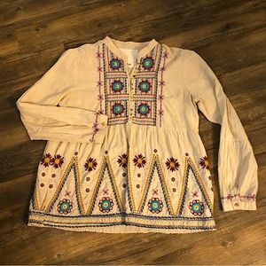 Johnny Was sz M boho embroidered pop-over peplum blouse long sleeve